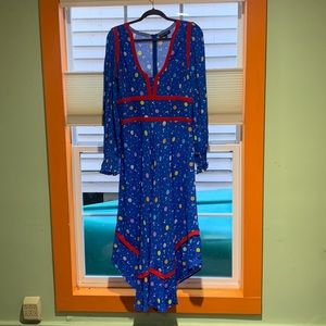 COCO FENNELL Seashell Print Dirndl Dress with Red Piping, Size UK 14 / US 10 EUC